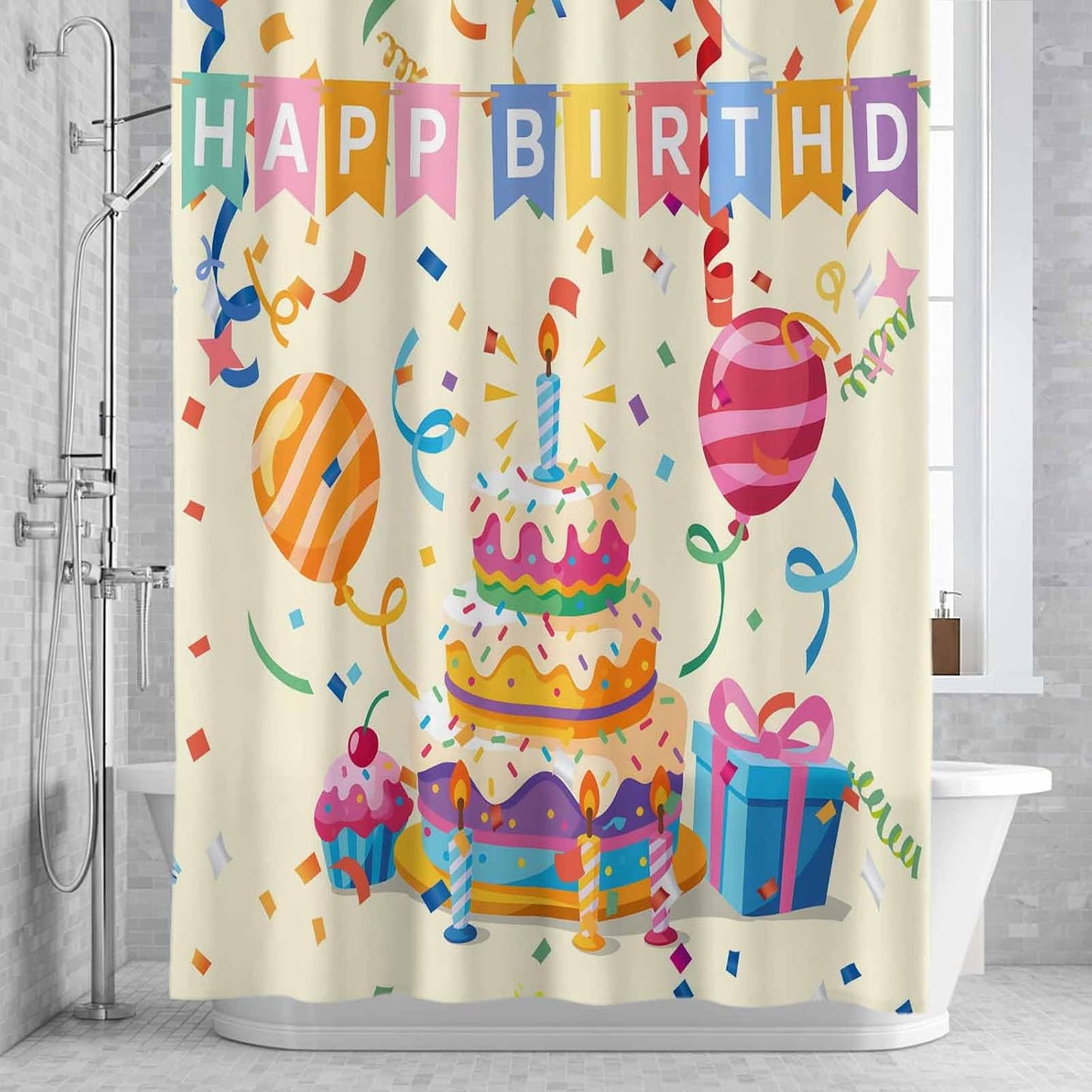 Shower Curtain Set with Hooks Happy Birthday Shower Curtain for Bathroom Decor Ribbon Cake Gift Balloon Modern Style Waterproof Polyester Fabri Shower Curtains Bath Curtain Set 54x78 Inch