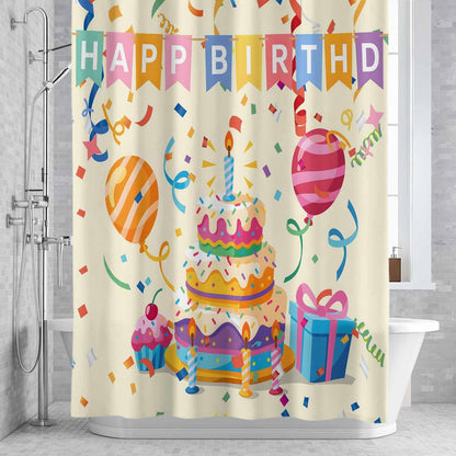 Shower Curtain Set with Hooks Happy Birthday Shower Curtain for Bathroom Decor Ribbon Cake Gift Balloon Modern Style Waterproof Polyester Fabri Shower Curtains Bath Curtain Set 54x78 Inch