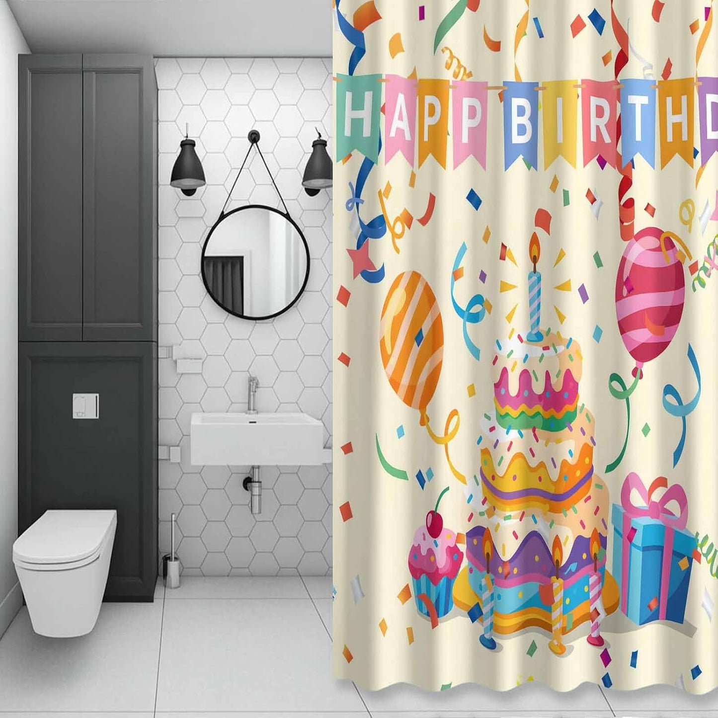 Shower Curtain Set with Hooks Happy Birthday Shower Curtain for Bathroom Decor Ribbon Cake Gift Balloon Modern Style Waterproof Polyester Fabri Shower Curtains Bath Curtain Set 54x78 Inch