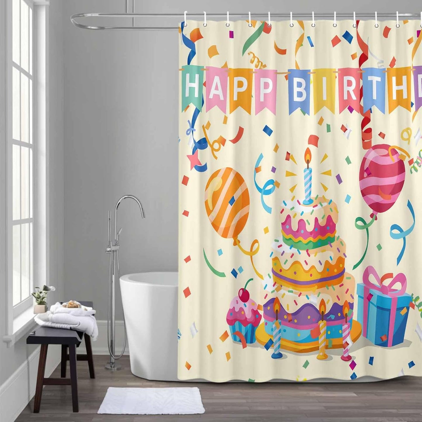 Shower Curtain Set with Hooks Happy Birthday Shower Curtain for Bathroom Decor Ribbon Cake Gift Balloon Modern Style Waterproof Polyester Fabri Shower Curtains Bath Curtain Set 54x78 Inch