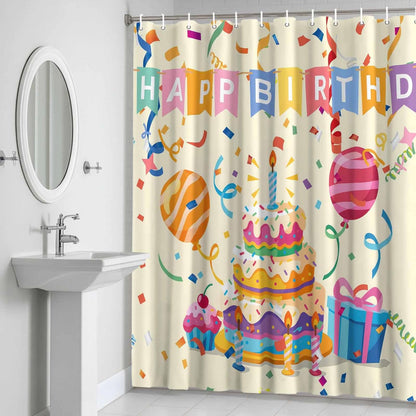 Shower Curtain Set with Hooks Happy Birthday Shower Curtain for Bathroom Decor Ribbon Cake Gift Balloon Modern Style Waterproof Polyester Fabri Shower Curtains Bath Curtain Set 54x78 Inch
