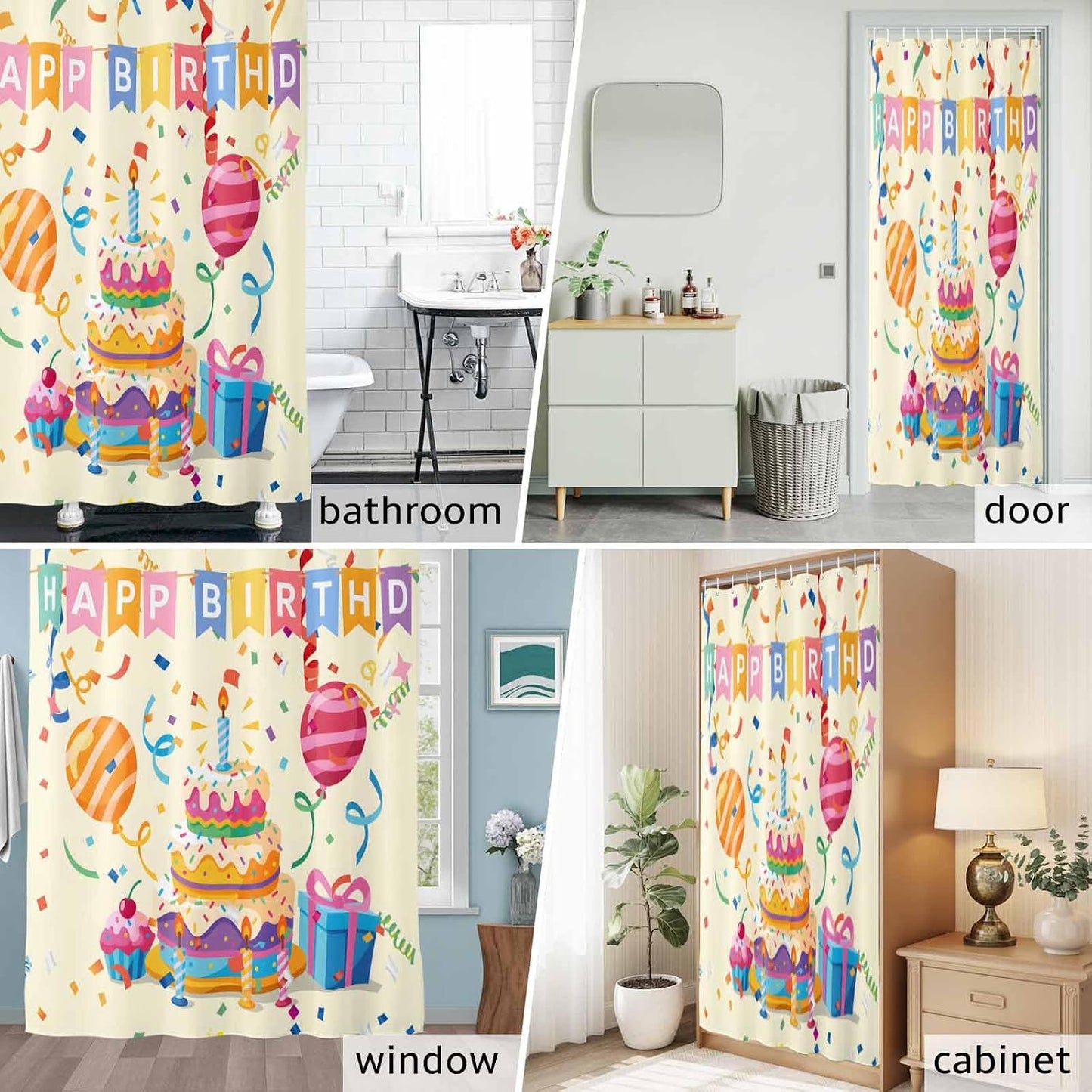 Shower Curtain Set with Hooks Happy Birthday Shower Curtain for Bathroom Decor Ribbon Cake Gift Balloon Modern Style Waterproof Polyester Fabri Shower Curtains Bath Curtain Set 54x78 Inch