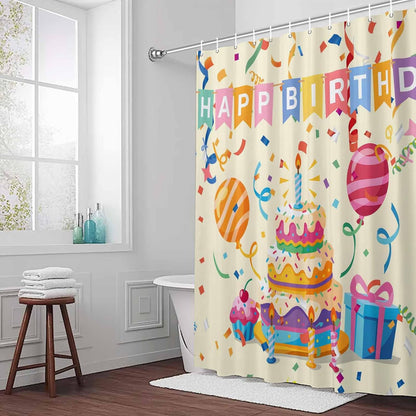 Shower Curtain Set with Hooks Happy Birthday Shower Curtain for Bathroom Decor Ribbon Cake Gift Balloon Modern Style Waterproof Polyester Fabri Shower Curtains Bath Curtain Set 54x78 Inch
