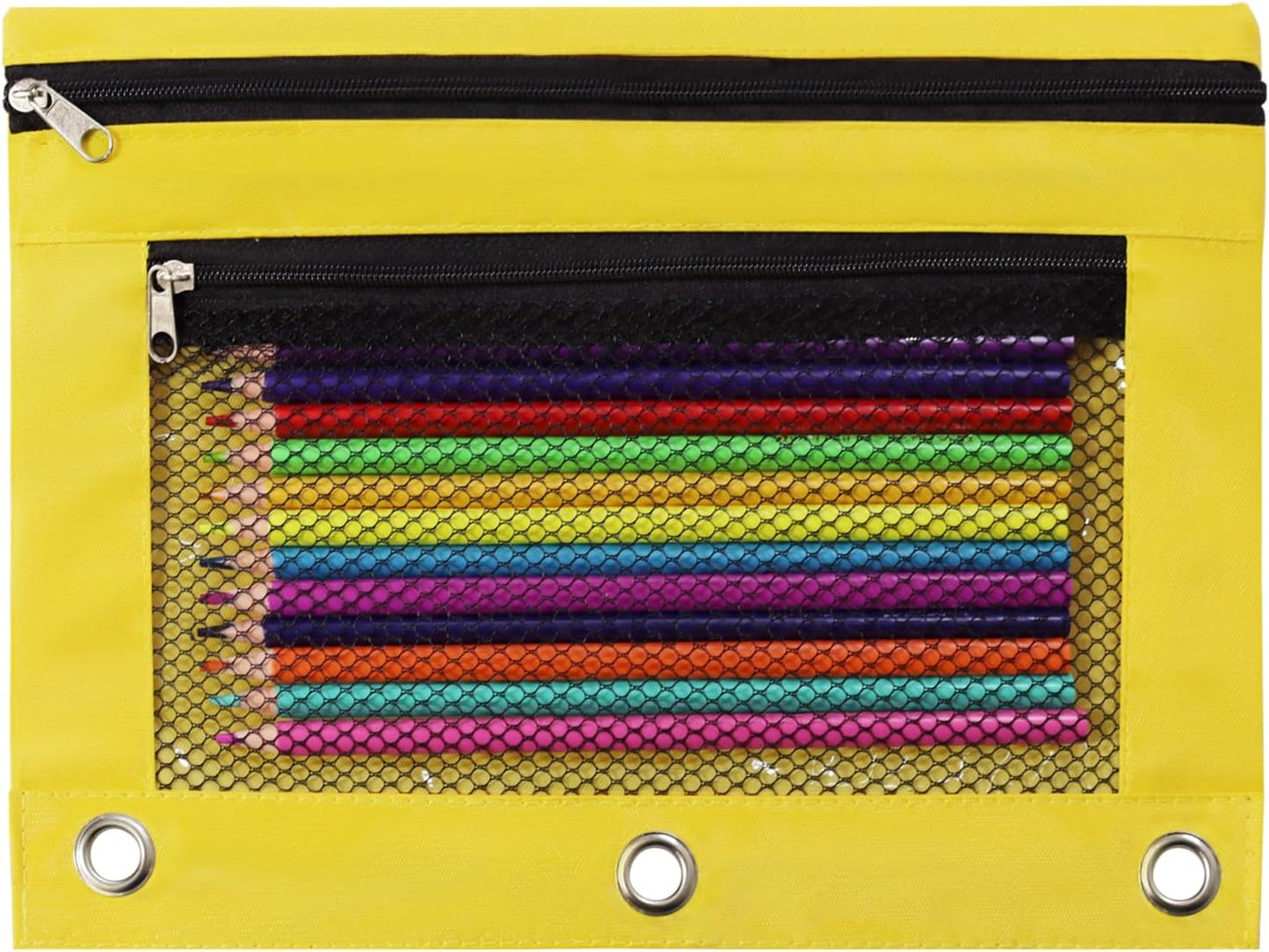 Pencil Pouch for 3 Ring Binder, Heavy Duty Canvas Dual Zipper Pen Bag with Clear Window, Smooth Metal Zipper, Fit Standard 3-Ring Binders for School Office Travel Supplies (Yellow)
