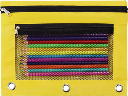 Pencil Pouch for 3 Ring Binder, Heavy Duty Canvas Dual Zipper Pen Bag with Clear Window, Smooth Metal Zipper, Fit Standard 3-Ring Binders for School Office Travel Supplies (Yellow)
