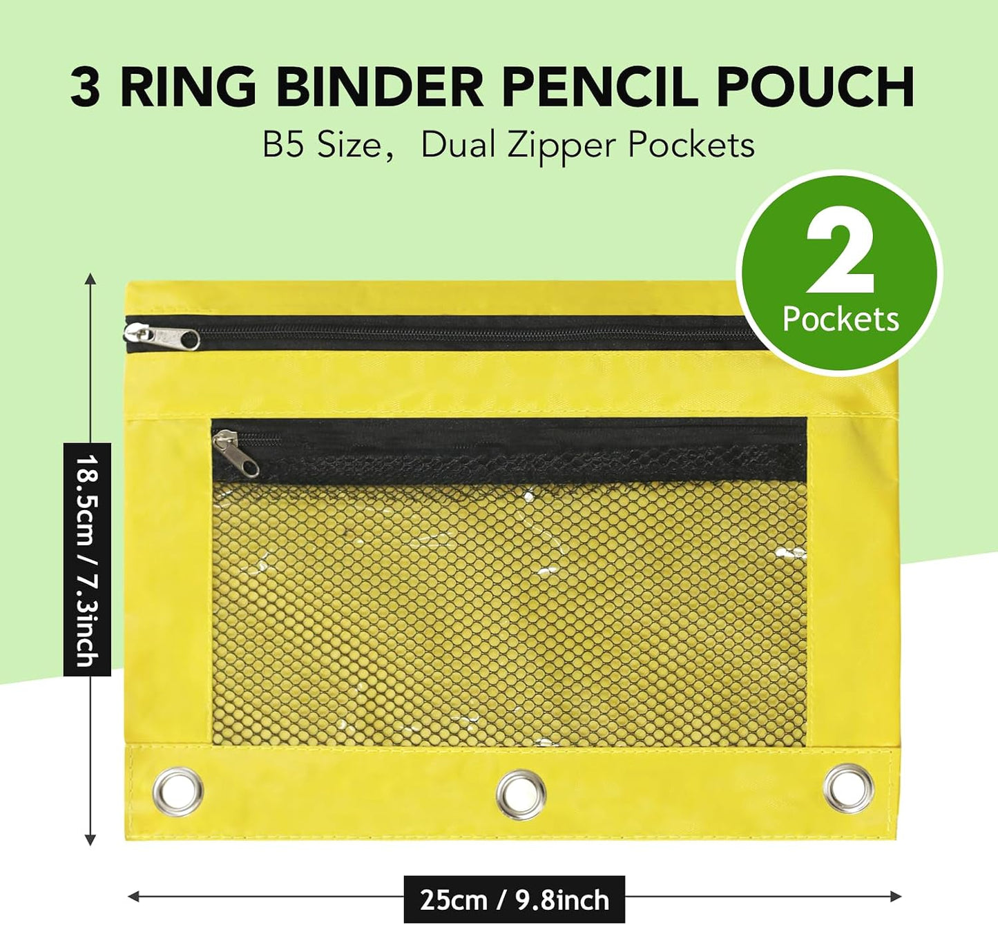 Pencil Pouch for 3 Ring Binder, Heavy Duty Canvas Dual Zipper Pen Bag with Clear Window, Smooth Metal Zipper, Fit Standard 3-Ring Binders for School Office Travel Supplies (Yellow)