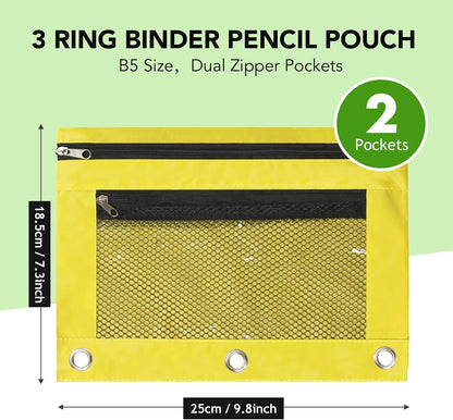 Pencil Pouch for 3 Ring Binder, Heavy Duty Canvas Dual Zipper Pen Bag with Clear Window, Smooth Metal Zipper, Fit Standard 3-Ring Binders for School Office Travel Supplies (Yellow)