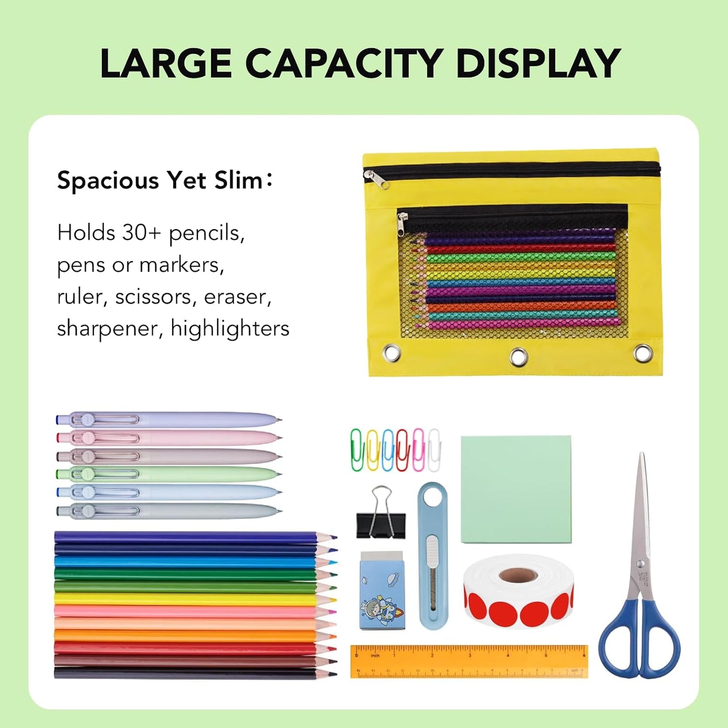 Pencil Pouch for 3 Ring Binder, Heavy Duty Canvas Dual Zipper Pen Bag with Clear Window, Smooth Metal Zipper, Fit Standard 3-Ring Binders for School Office Travel Supplies (Yellow)