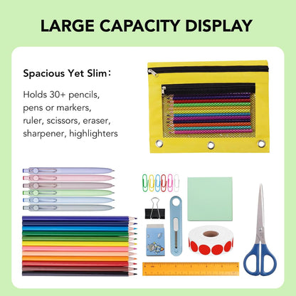 Pencil Pouch for 3 Ring Binder, Heavy Duty Canvas Dual Zipper Pen Bag with Clear Window, Smooth Metal Zipper, Fit Standard 3-Ring Binders for School Office Travel Supplies (Yellow)