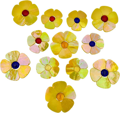 12 Flower Stained Glass Mosaic Tiles - 2 Size Floral Petals & Flat Bead Mosaic Glass Pieces for DIY Art Crafts (Iridescent Yellow)