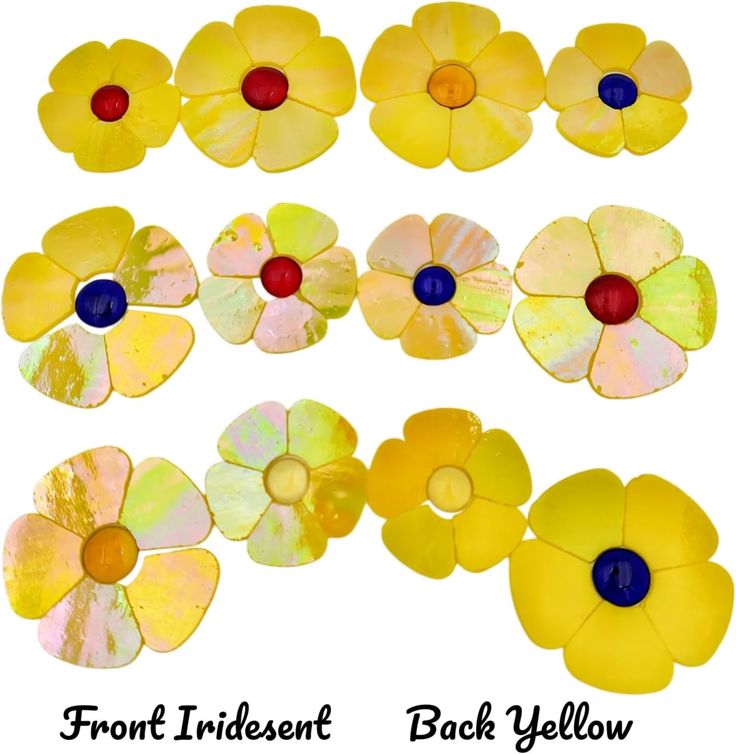12 Flower Stained Glass Mosaic Tiles - 2 Size Floral Petals & Flat Bead Mosaic Glass Pieces for DIY Art Crafts (Iridescent Yellow)