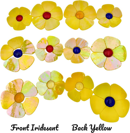 12 Flower Stained Glass Mosaic Tiles - 2 Size Floral Petals & Flat Bead Mosaic Glass Pieces for DIY Art Crafts (Iridescent Yellow)