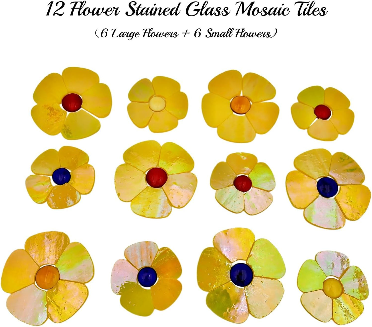 12 Flower Stained Glass Mosaic Tiles - 2 Size Floral Petals & Flat Bead Mosaic Glass Pieces for DIY Art Crafts (Iridescent Yellow)
