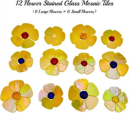 12 Flower Stained Glass Mosaic Tiles - 2 Size Floral Petals & Flat Bead Mosaic Glass Pieces for DIY Art Crafts (Iridescent Yellow)