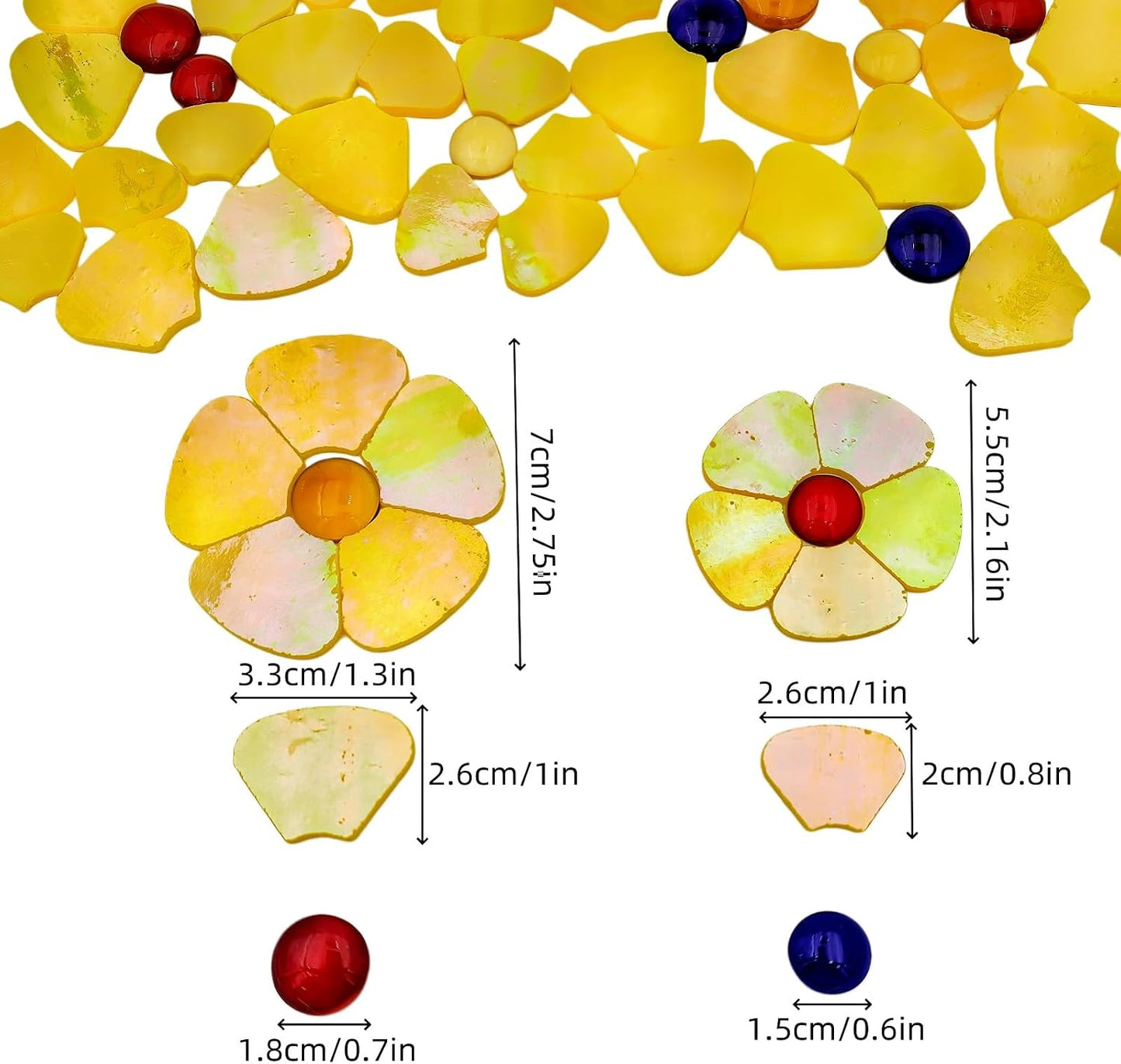 12 Flower Stained Glass Mosaic Tiles - 2 Size Floral Petals & Flat Bead Mosaic Glass Pieces for DIY Art Crafts (Iridescent Yellow)