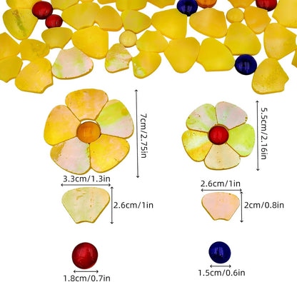 12 Flower Stained Glass Mosaic Tiles - 2 Size Floral Petals & Flat Bead Mosaic Glass Pieces for DIY Art Crafts (Iridescent Yellow)