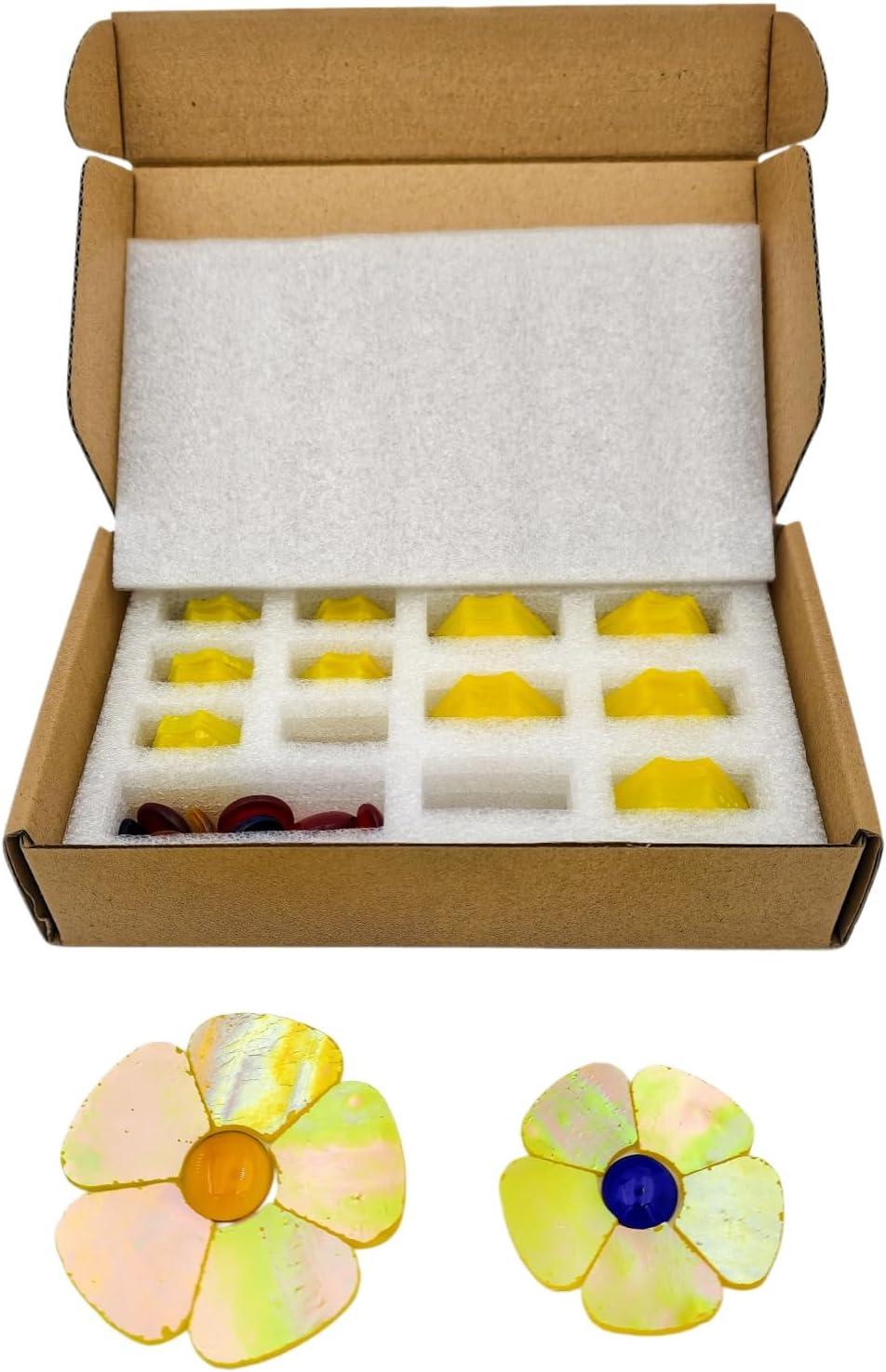 12 Flower Stained Glass Mosaic Tiles - 2 Size Floral Petals & Flat Bead Mosaic Glass Pieces for DIY Art Crafts (Iridescent Yellow)