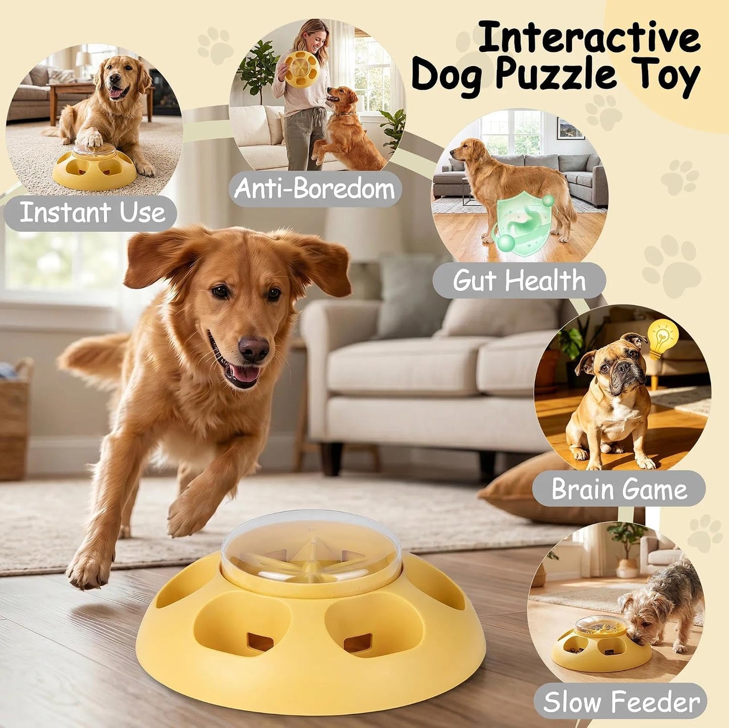 ABULL Interactive Dog Puzzle Toy, Treat Dispenser & Slow Feeder | Slow Feeding, Mental Stimulation, Boredom Relief, Bpa-Free, Easy to Clean, Heavy-Duty, All Dogs, Yellow