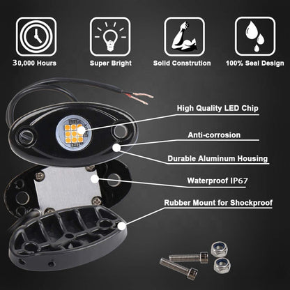 Yellow LED Rock Lights, 4 Pods Neon 12V Waterproof Underglow Underbody Kit Crawler Crawling Dome Exterior Wheel Lights for ATV RZR UTV SUV Off-Road Auto Boat Motorcycle Glow Trail Rig Fender Lamp
