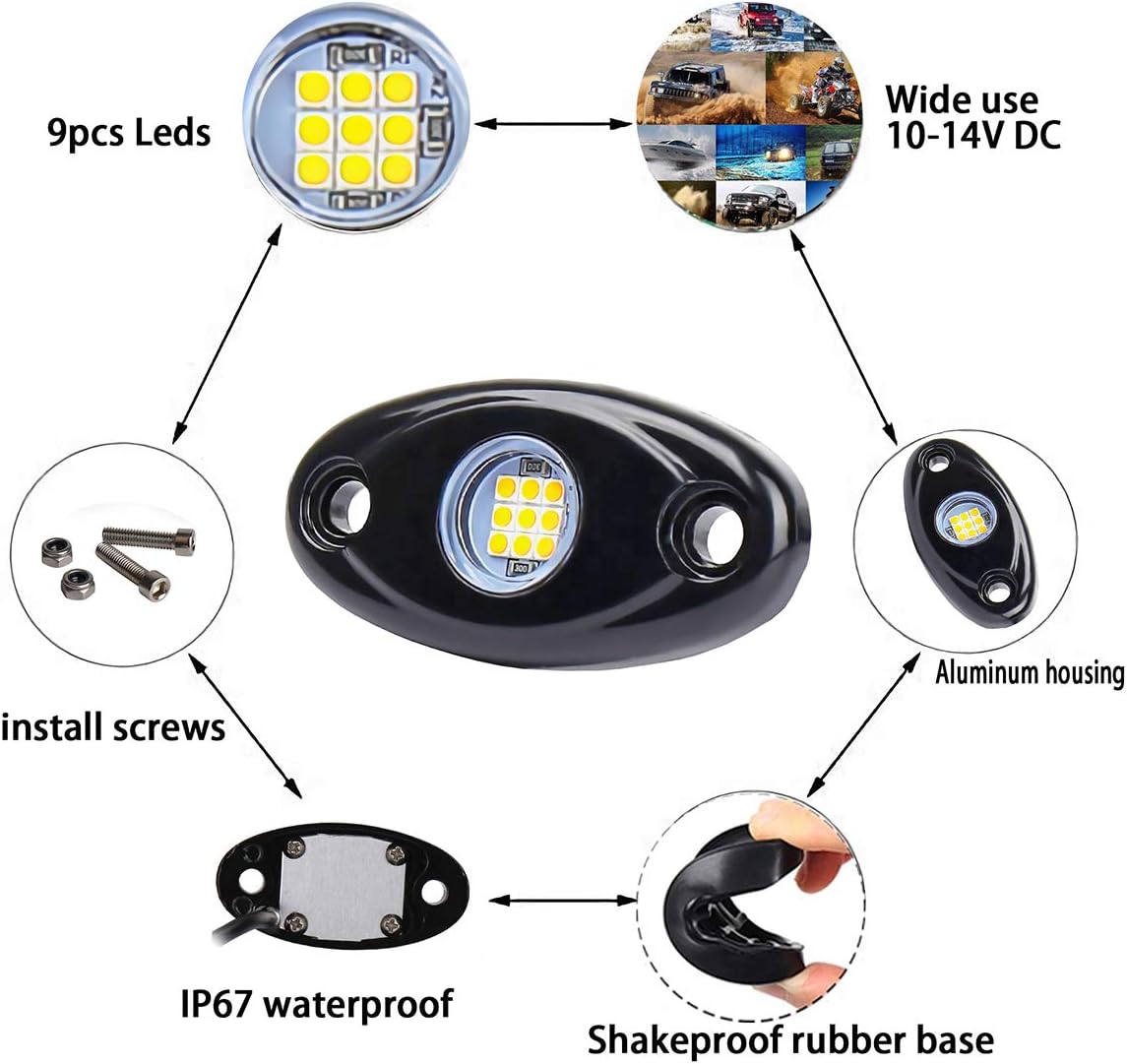 Yellow LED Rock Lights, 4 Pods Neon 12V Waterproof Underglow Underbody Kit Crawler Crawling Dome Exterior Wheel Lights for ATV RZR UTV SUV Off-Road Auto Boat Motorcycle Glow Trail Rig Fender Lamp