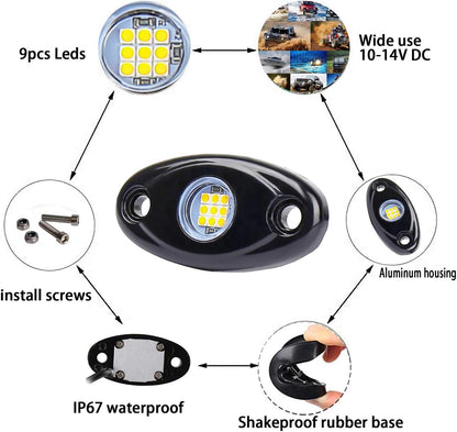 Yellow LED Rock Lights, 4 Pods Neon 12V Waterproof Underglow Underbody Kit Crawler Crawling Dome Exterior Wheel Lights for ATV RZR UTV SUV Off-Road Auto Boat Motorcycle Glow Trail Rig Fender Lamp
