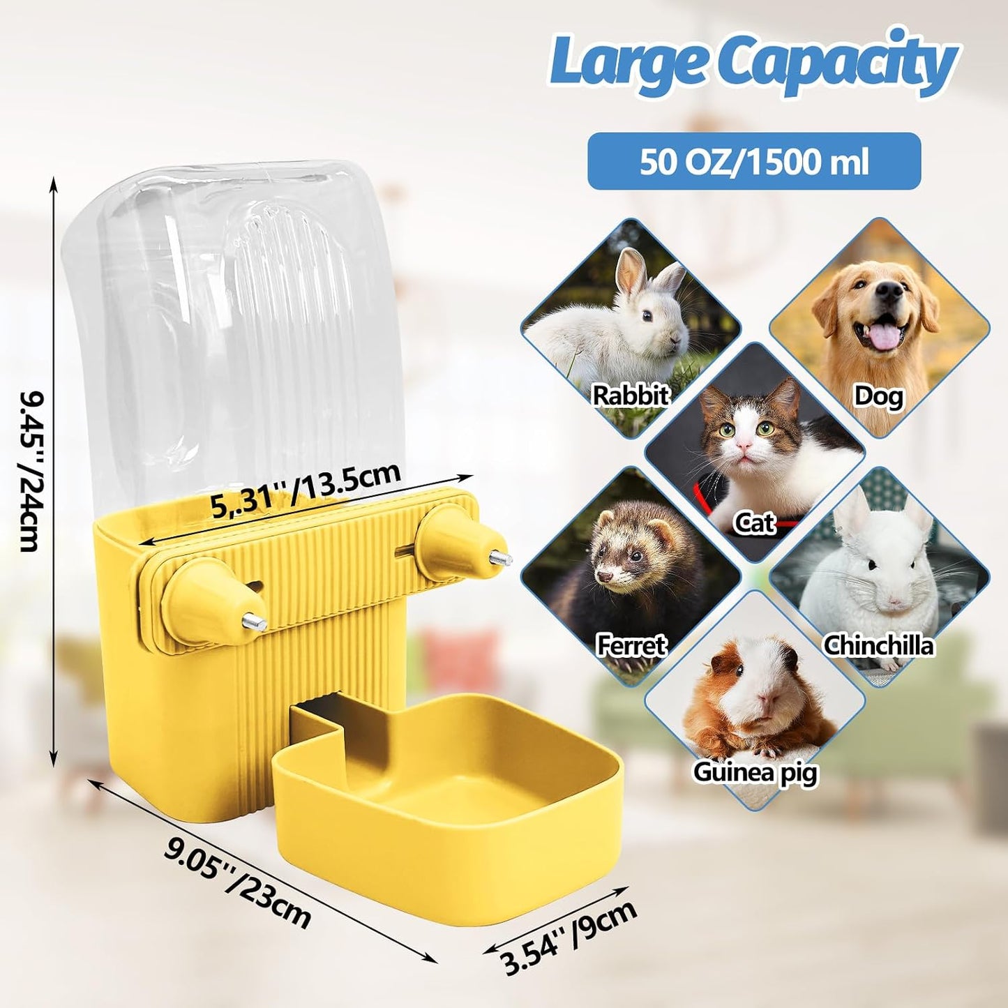 50 oz Rabbit Water Dispenser Hanging Gravity Bunny Water Bottle for Cage Automatic Small Animal Water Bottle for Ferret Guinea Pig Chinchilla Cat Puppy (Yellow)