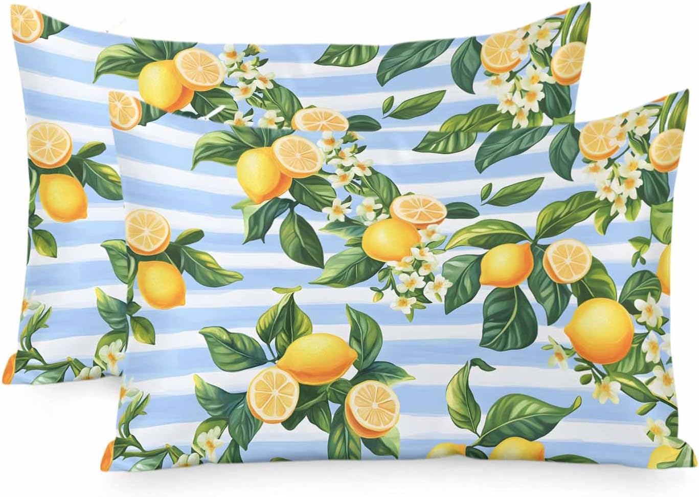 Pastoral Lemon Standard Pillowcase Set of 2, Yellow Blue Flowers Stripes Satin Pillow Case Cover with Smooth Hidden Zipper Closure, Soft Throw Pillow Covers Cases for Home Decoration 20 X 26 Inches