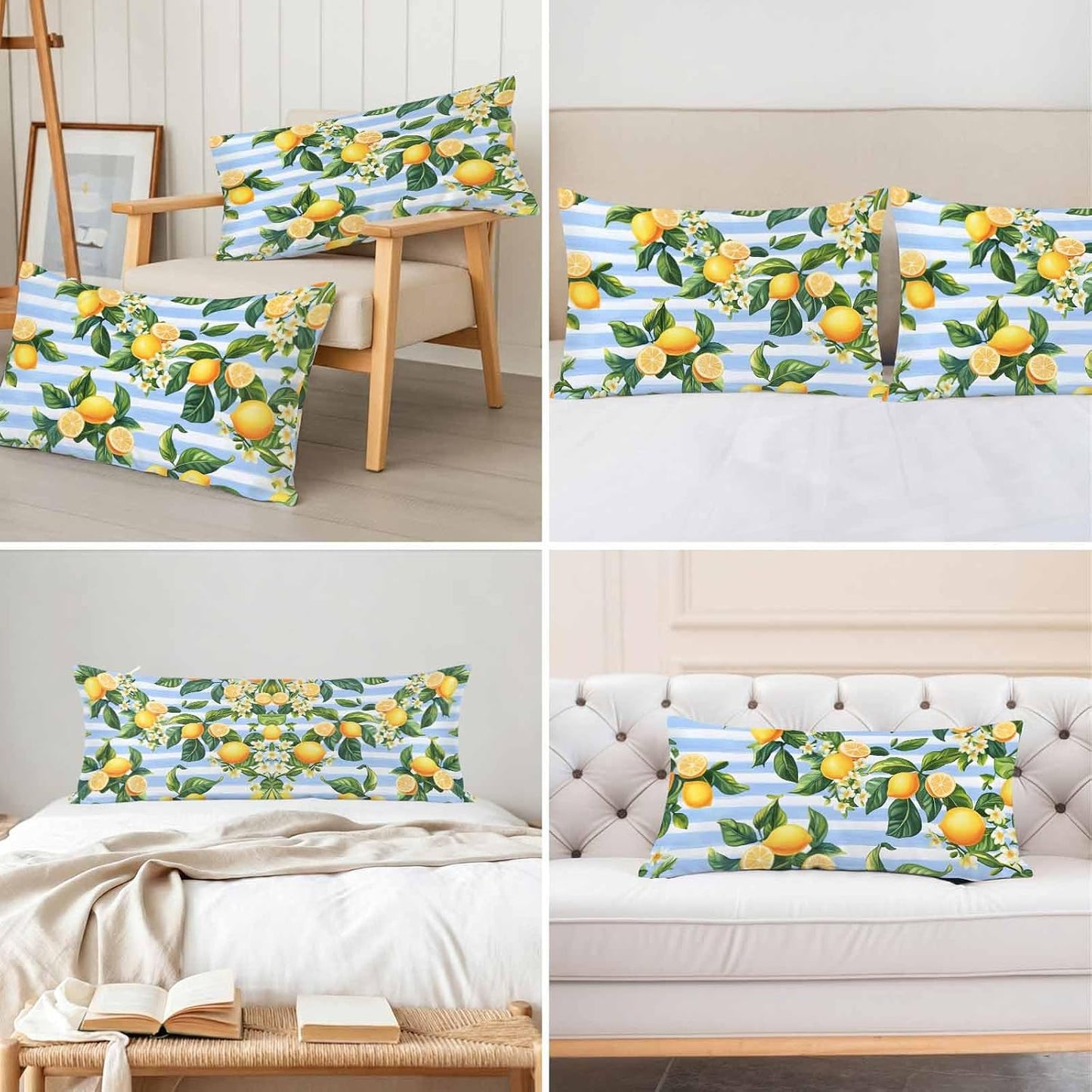 Pastoral Lemon Standard Pillowcase Set of 2, Yellow Blue Flowers Stripes Satin Pillow Case Cover with Smooth Hidden Zipper Closure, Soft Throw Pillow Covers Cases for Home Decoration 20 X 26 Inches