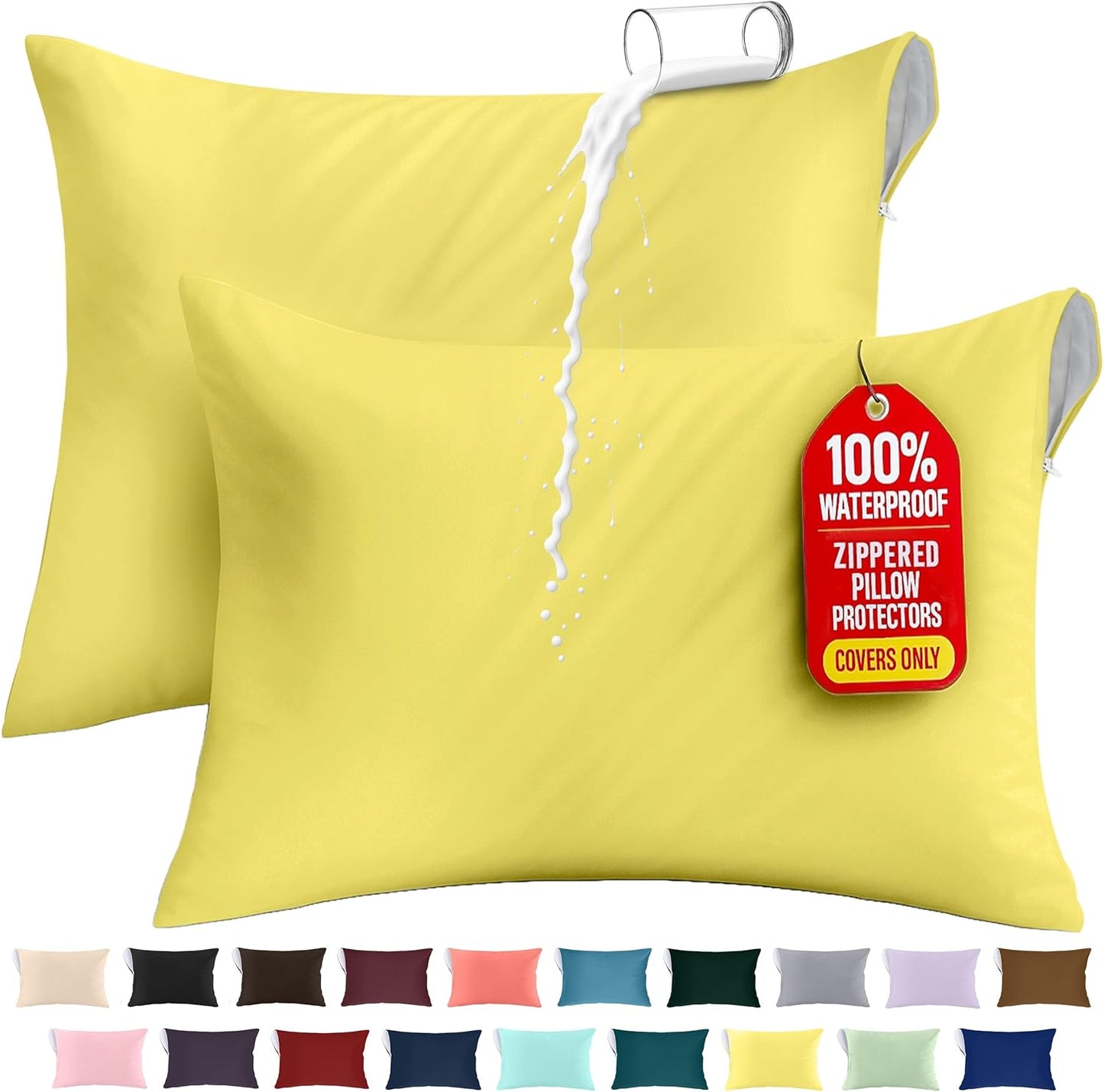 Premium 100% Waterproof Pillow Protectors with Zipper Standard Size (Set of 2), Bed Bug and Dust Mite Proof Zippered Pillow Covers, Pillow Encasement Cases, Yellow
