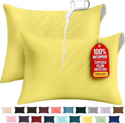 Premium 100% Waterproof Pillow Protectors with Zipper Standard Size (Set of 2), Bed Bug and Dust Mite Proof Zippered Pillow Covers, Pillow Encasement Cases, Yellow