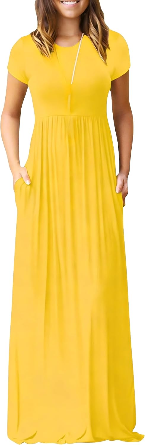 Maxi Dress for Women Short Sleeve Casual Summer Loose Plain Comfy Long Dresses with Pockets