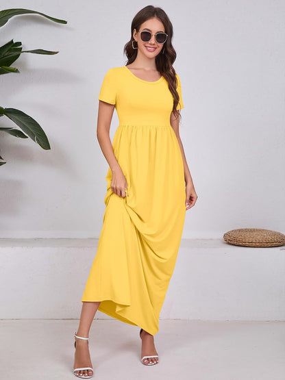 Maxi Dress for Women Short Sleeve Casual Summer Loose Plain Comfy Long Dresses with Pockets