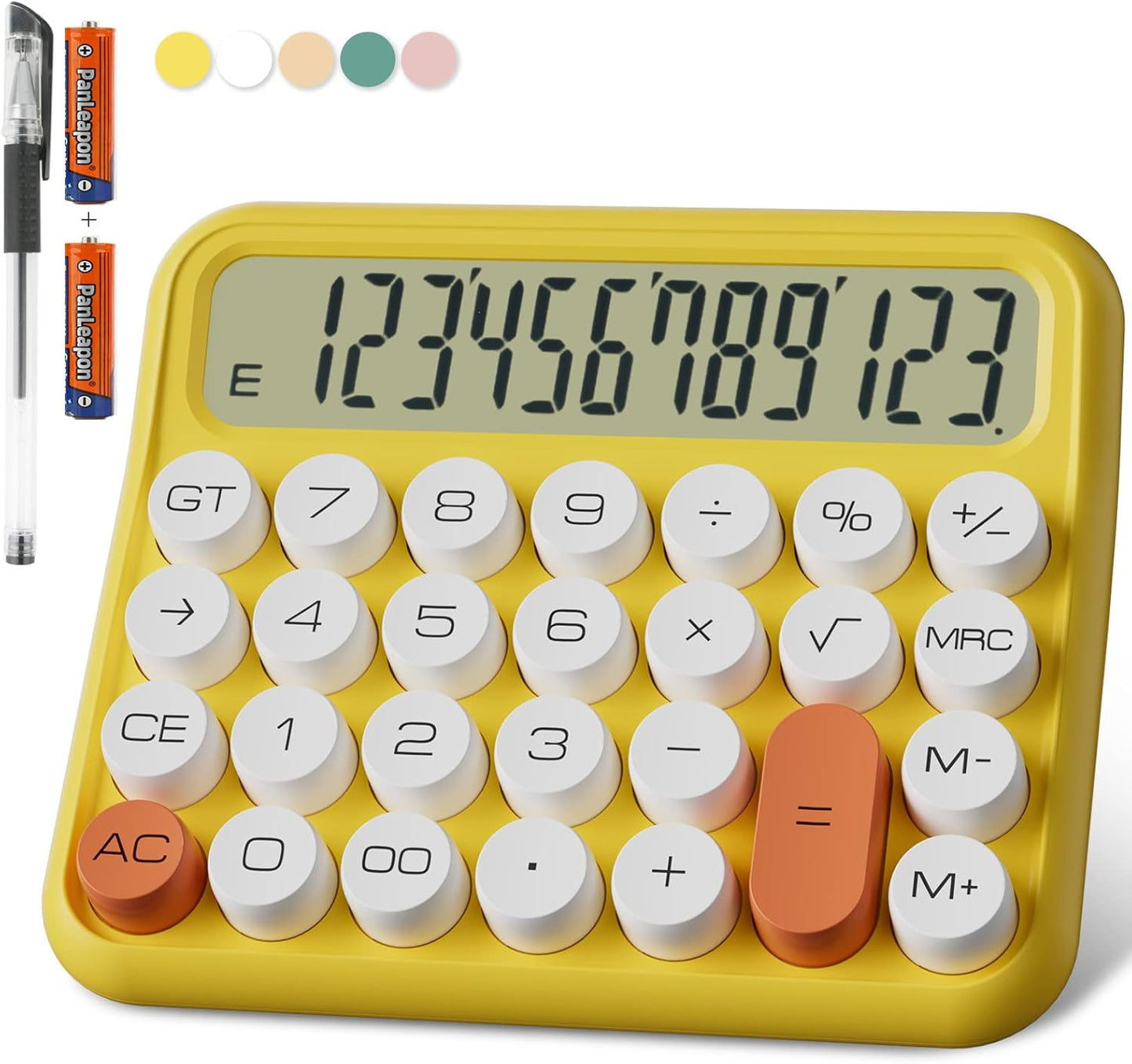 Mechanical Calculator 12 Digit, 5-Inch LCD Display, Battery Desk Calculator With Big Buttons, 15 Tilt Screen for Office and Kids (Yellow)