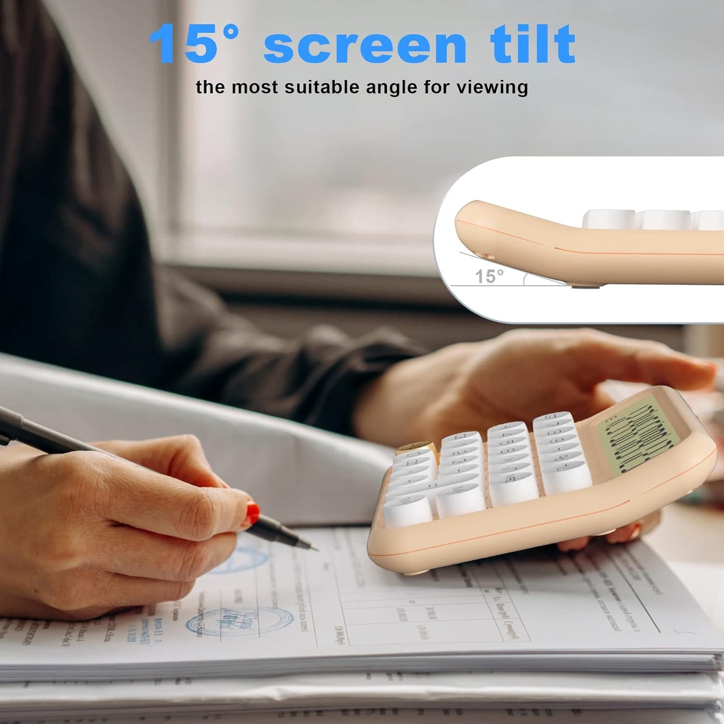 Mechanical Calculator 12 Digit, 5-Inch LCD Display, Battery Desk Calculator With Big Buttons, 15 Tilt Screen for Office and Kids (Yellow)