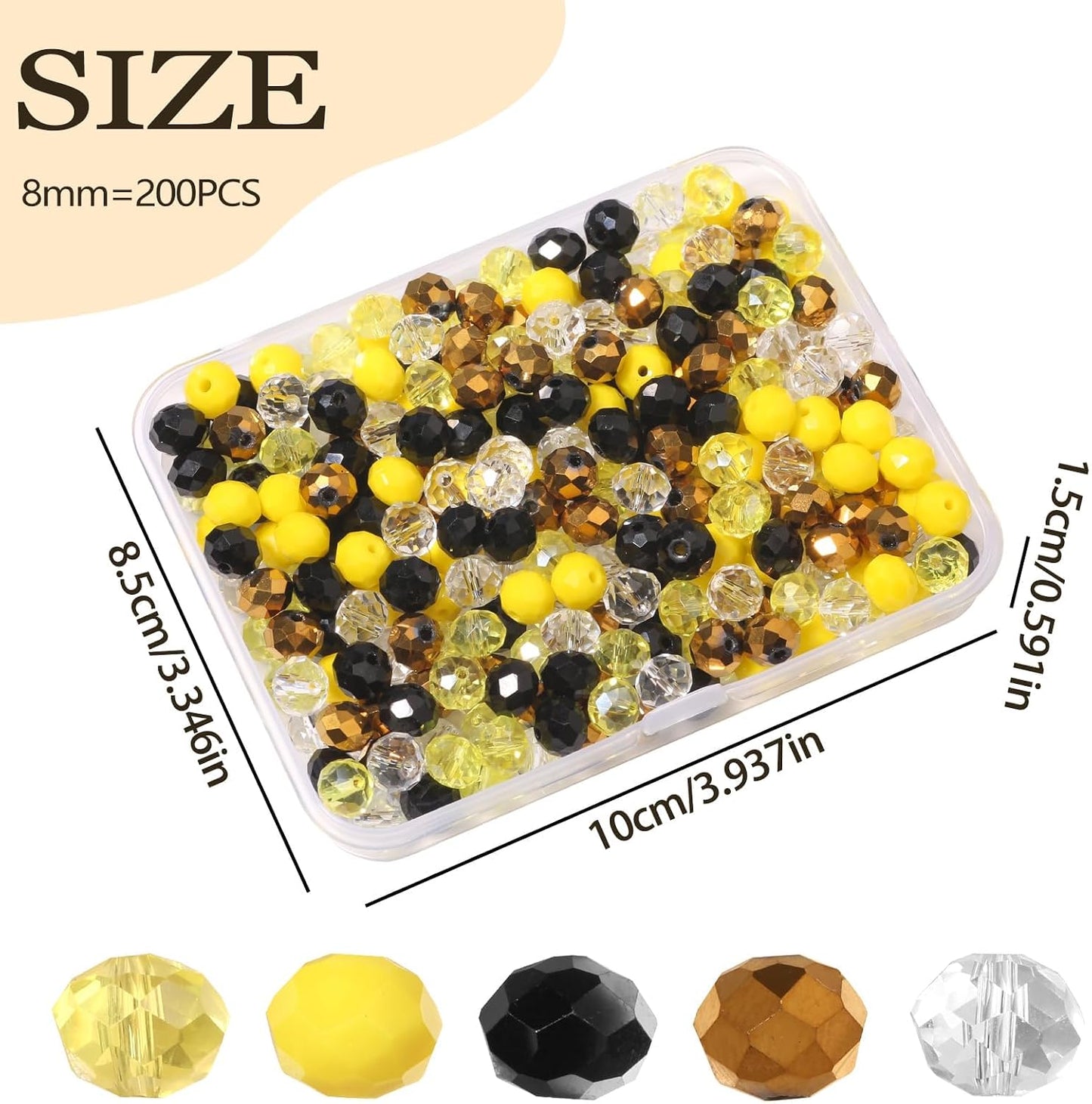 200pcs 8mm Yellow Glass Beads for Jewelry Making,5 Style 3 Size Crystal Beads for Bracelets Jewelry Making, Spacer Beads for Keychain Making Necklace Earring DIY Arts and Crafts