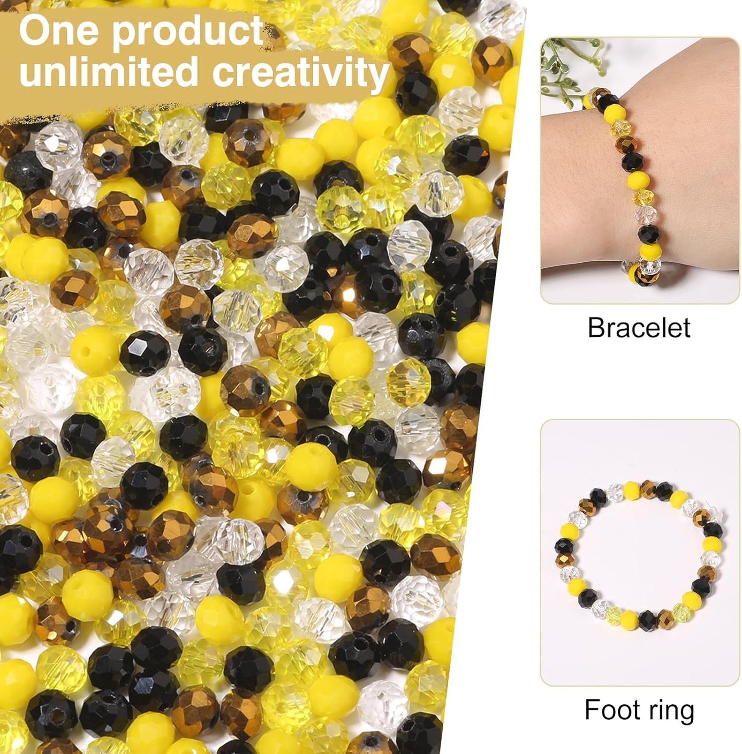 200pcs 8mm Yellow Glass Beads for Jewelry Making,5 Style 3 Size Crystal Beads for Bracelets Jewelry Making, Spacer Beads for Keychain Making Necklace Earring DIY Arts and Crafts