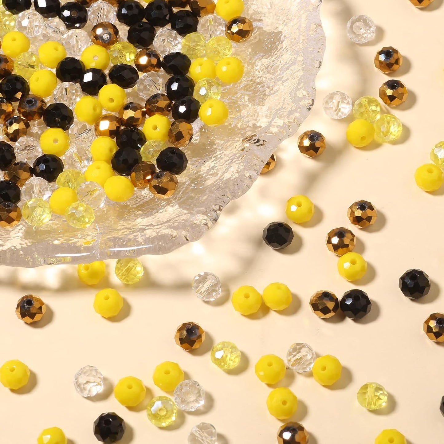 200pcs 8mm Yellow Glass Beads for Jewelry Making,5 Style 3 Size Crystal Beads for Bracelets Jewelry Making, Spacer Beads for Keychain Making Necklace Earring DIY Arts and Crafts