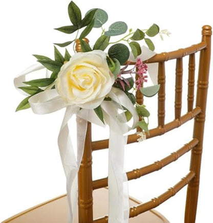 Set of 8 Wedding Chair Decorations, Wedding Aisle Decorations with Artificial Flowers Eucalyptus and Ribbons for Ceremony Party Chair Decor (Yellow)