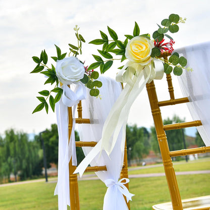 Set of 8 Wedding Chair Decorations, Wedding Aisle Decorations with Artificial Flowers Eucalyptus and Ribbons for Ceremony Party Chair Decor (Yellow)