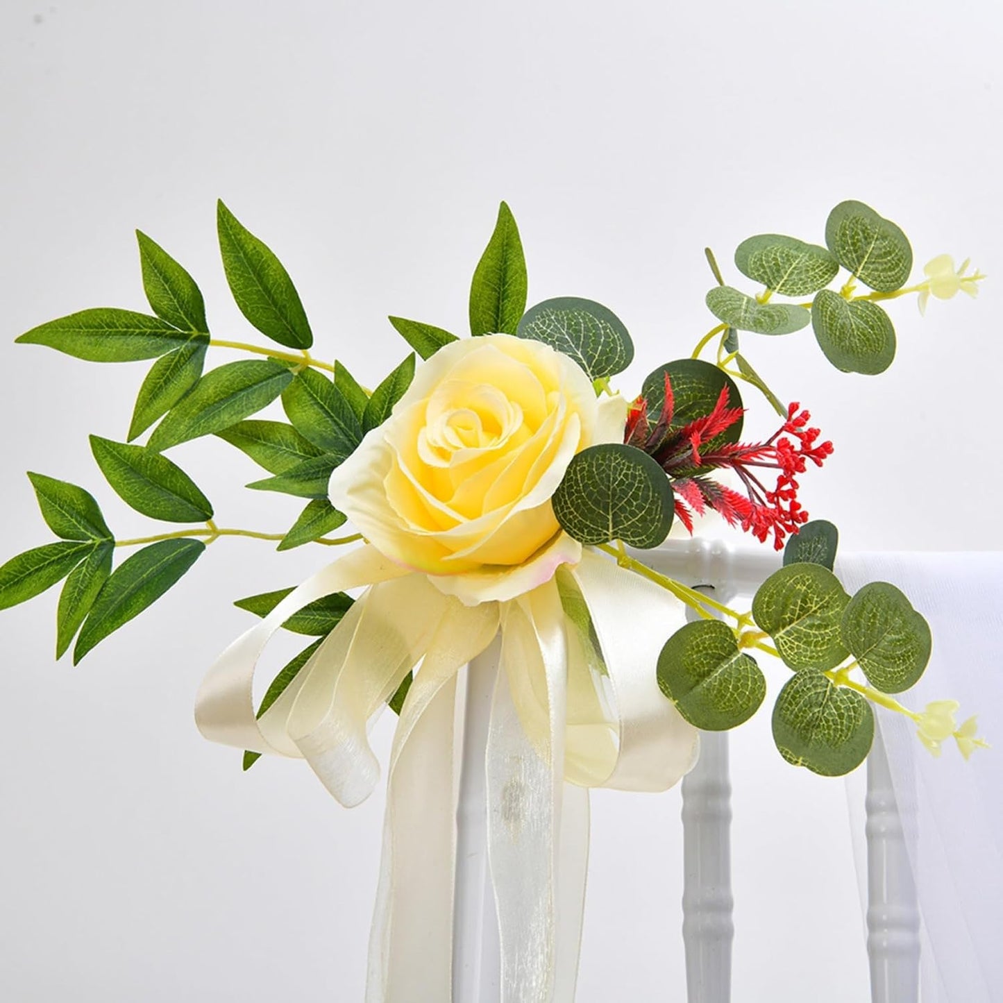 Set of 8 Wedding Chair Decorations, Wedding Aisle Decorations with Artificial Flowers Eucalyptus and Ribbons for Ceremony Party Chair Decor (Yellow)