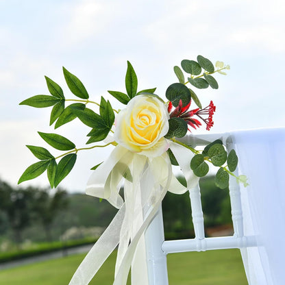 Set of 8 Wedding Chair Decorations, Wedding Aisle Decorations with Artificial Flowers Eucalyptus and Ribbons for Ceremony Party Chair Decor (Yellow)