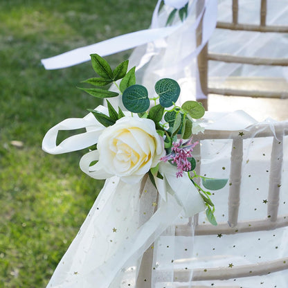 Set of 8 Wedding Chair Decorations, Wedding Aisle Decorations with Artificial Flowers Eucalyptus and Ribbons for Ceremony Party Chair Decor (Yellow)
