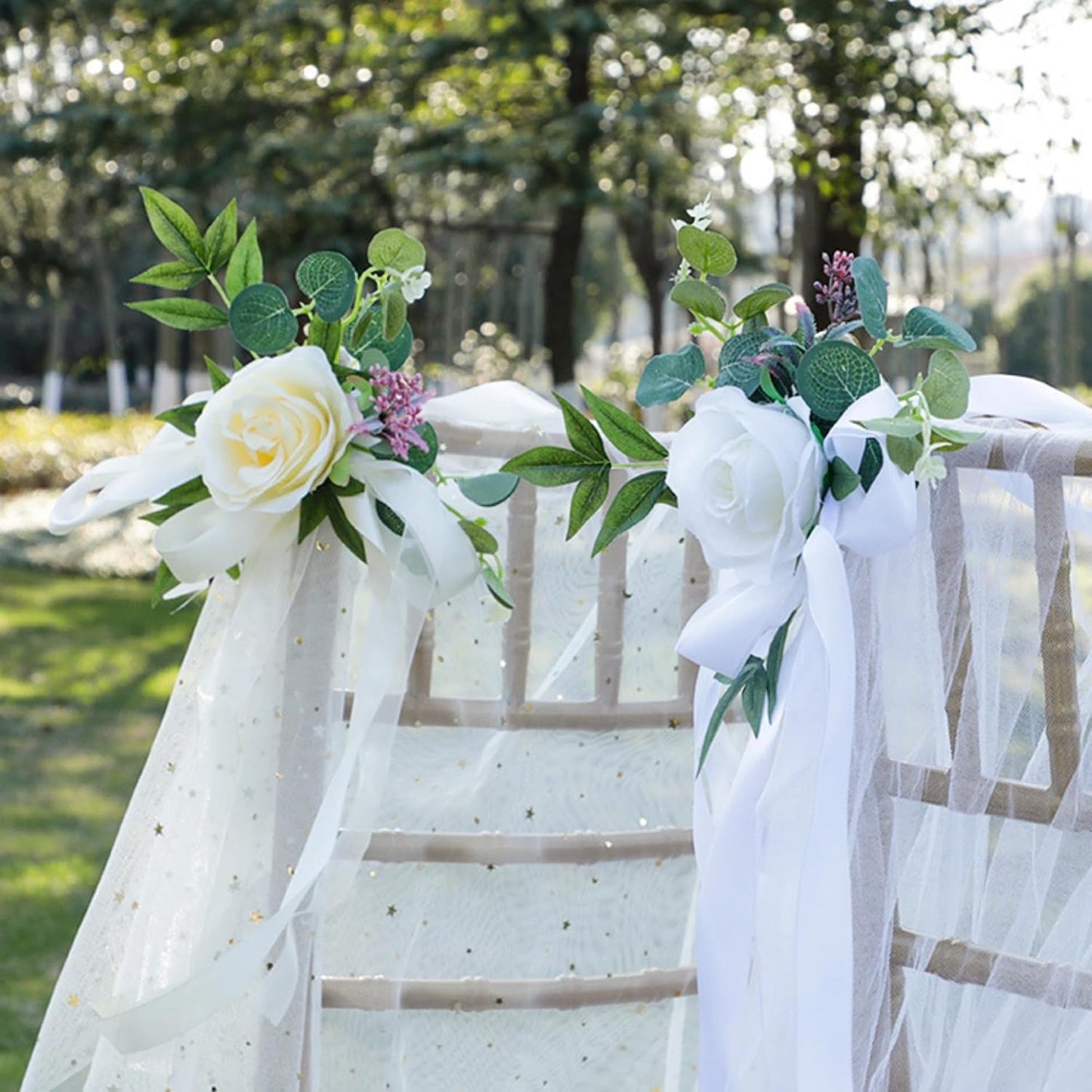 Set of 8 Wedding Chair Decorations, Wedding Aisle Decorations with Artificial Flowers Eucalyptus and Ribbons for Ceremony Party Chair Decor (Yellow)
