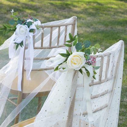 Set of 8 Wedding Chair Decorations, Wedding Aisle Decorations with Artificial Flowers Eucalyptus and Ribbons for Ceremony Party Chair Decor (Yellow)