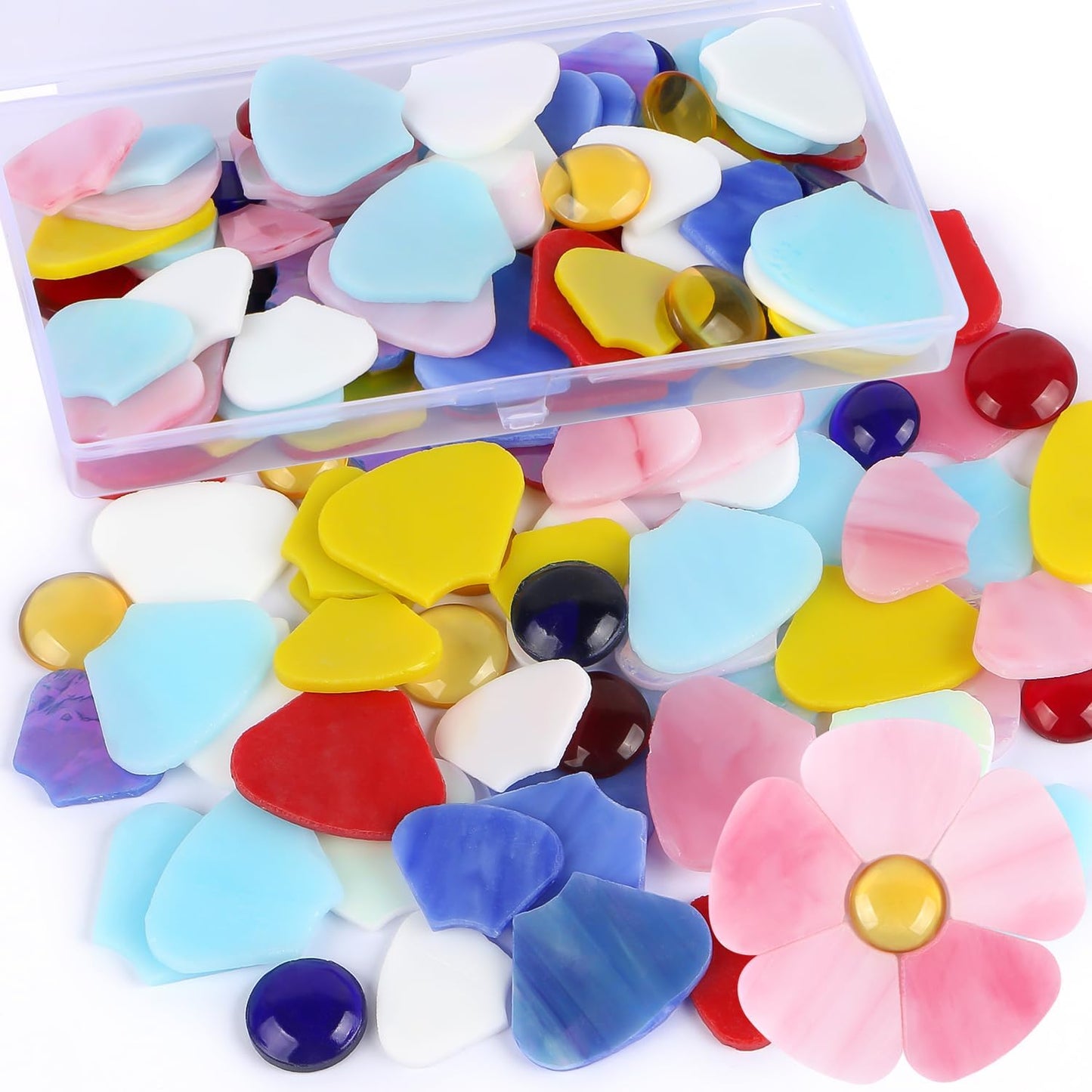 Flat Glass Mosaic Tiles, 96 PCS Flower Mosaic Tiles, Glass Petal Mosaic Gems for Home Decoration DIY Crafts