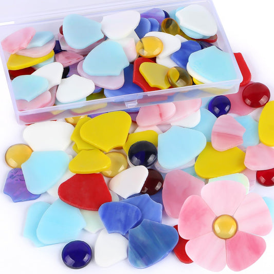 Flat Glass Mosaic Tiles, 96 PCS Flower Mosaic Tiles, Glass Petal Mosaic Gems for Home Decoration DIY Crafts