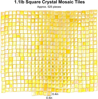 1.1lb Square Crystal Mosaic Tiles, Iridescent Mosaic Glass Tiles for Crafts, Mosaic Pieces DIY Hobbies Children Handmade Jewelry Art Decoration Gifts,525 Pieces (Lemon Yellow)