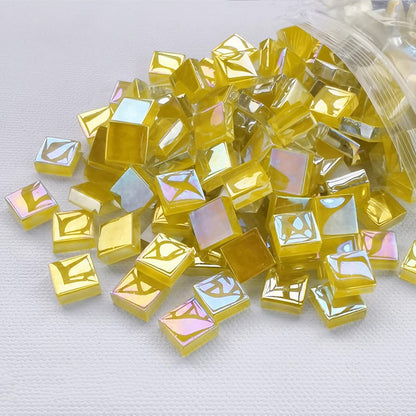 1.1lb Square Crystal Mosaic Tiles, Iridescent Mosaic Glass Tiles for Crafts, Mosaic Pieces DIY Hobbies Children Handmade Jewelry Art Decoration Gifts,525 Pieces (Lemon Yellow)
