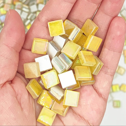 1.1lb Square Crystal Mosaic Tiles, Iridescent Mosaic Glass Tiles for Crafts, Mosaic Pieces DIY Hobbies Children Handmade Jewelry Art Decoration Gifts,525 Pieces (Lemon Yellow)
