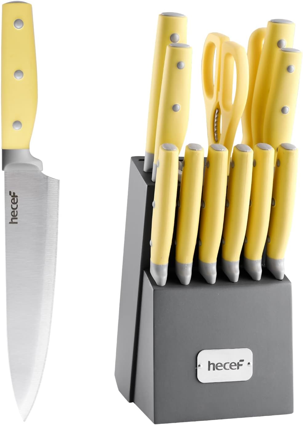 Kitchen Knife Block Set, 14 Pieces Knife Set with Wooden Block & Sharpener Steel & All-purpose Scissors, High Carbon Stainless Steel Cutlery Set (Yellow)